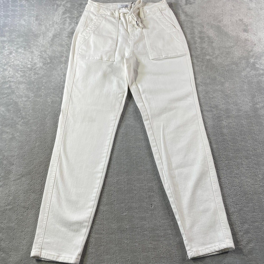 Judy Blue Jeans Heather Womens 5/27 White High Rise Drawstring Patch Pockets Mom